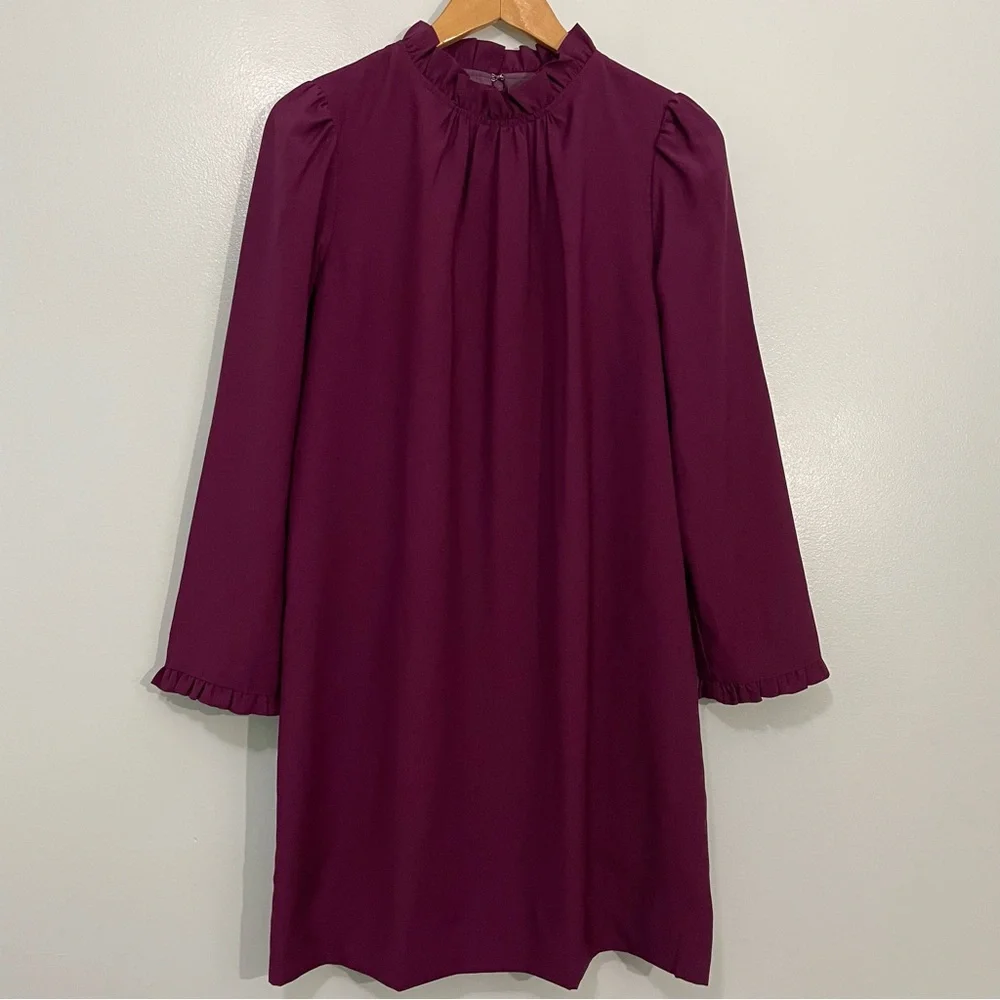 J. Crew Long Sleeve Burgundy Purple Ruffle Neck Shift Dress 4